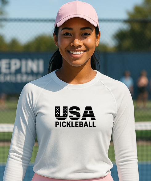 USA Pickleball Strips & Stars | Long Sleeve Performance Tee by Pepini Pickleball β white Men's Long Sleeve Performance Tee front view